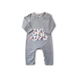 Long Sleeve Babygrow with Kangaroo Pocket- Grey Mélange & Boats